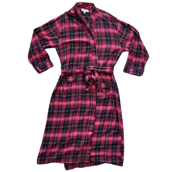 SOLD Eileen West plaid tartan black Pink Christmas long Robe cotton Classic L - Picture 15 of 17